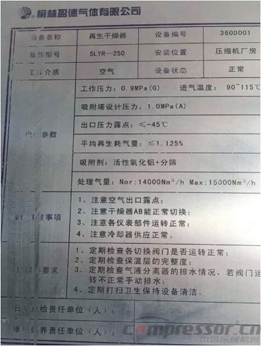 西安超滤对榆能化空压站干燥器的考察测试报告